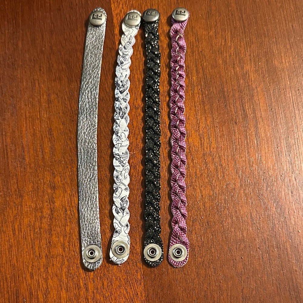Set of Four Leather Bracelets in Pink, Black, White, Gray